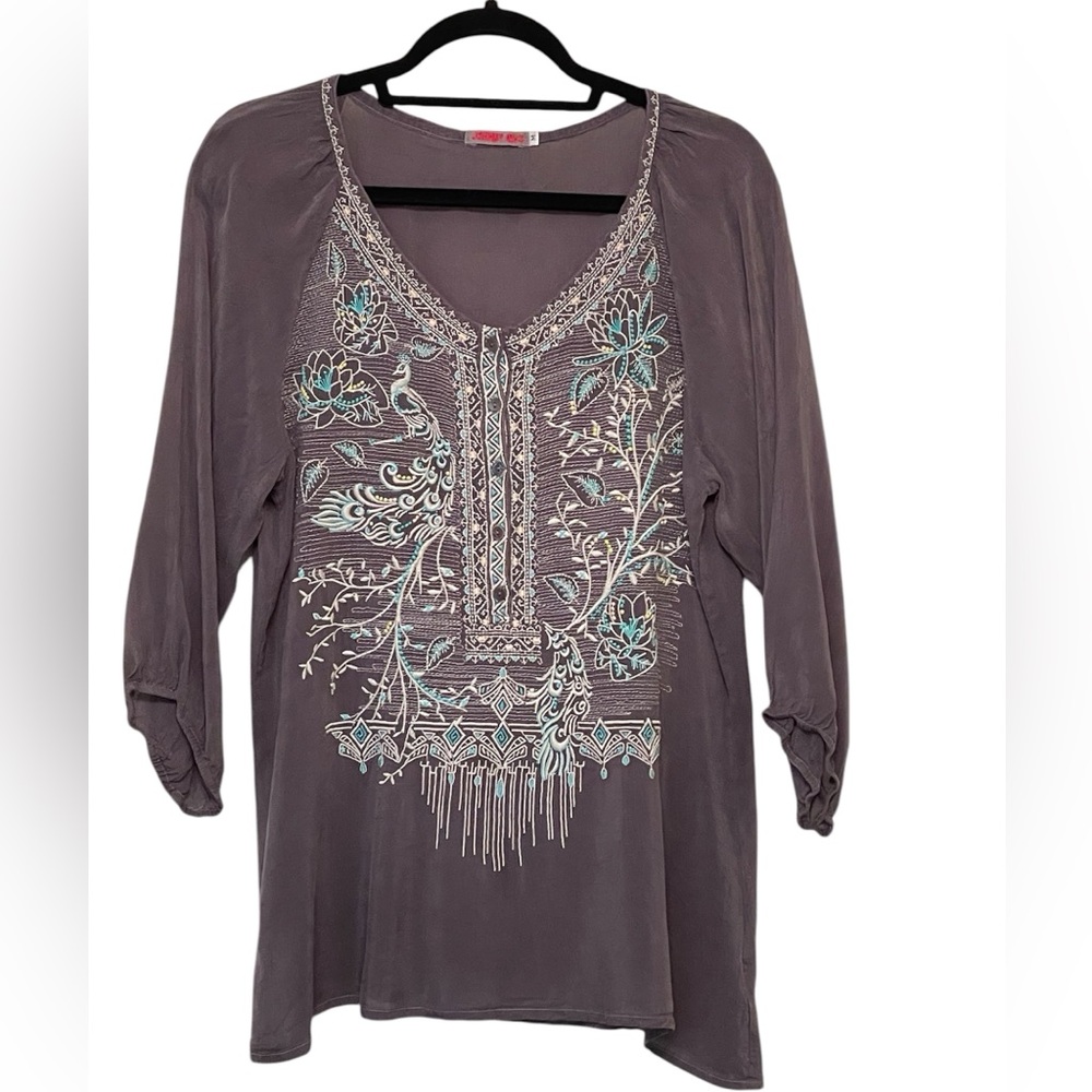 JOHNNY WAS Dark Grey and Turquoise Blue Peasant Tunic Blouse Size M